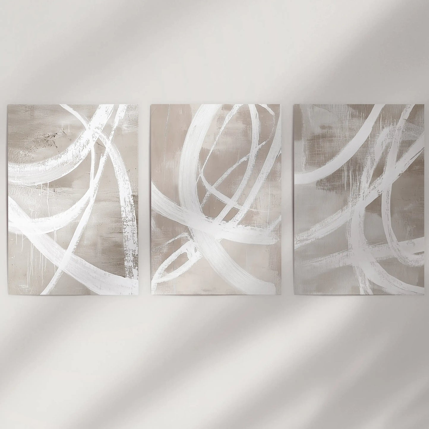 Modern Minimalist Abstract Triptych. Neutral Brush Stroke Art