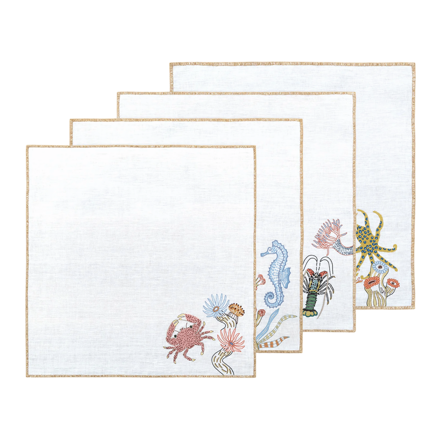 Hand Embroidered Marine Life Napkins 18" x 18" (Set of 4)