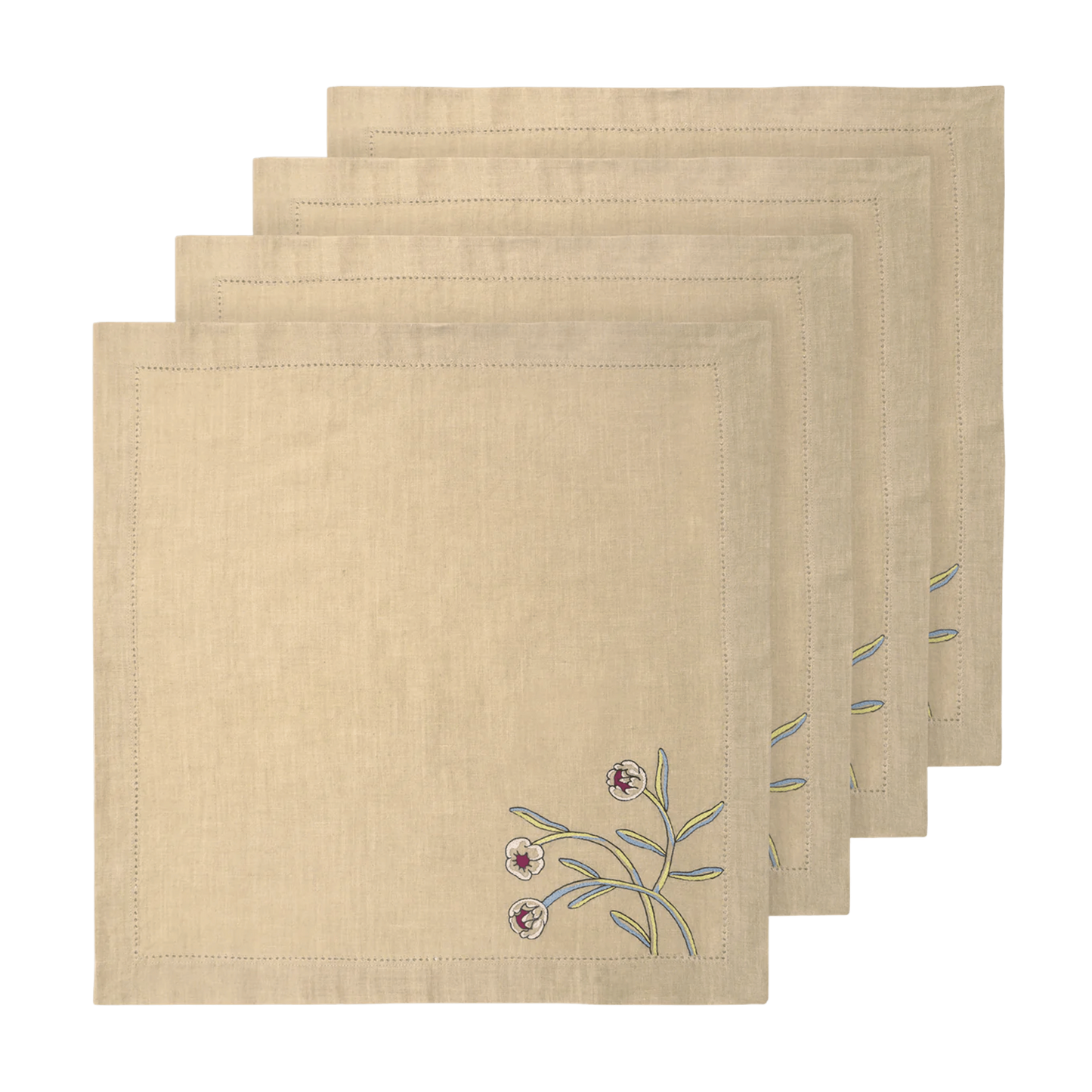 Hand Embroidered Floral Fresco Napkins 18" x 18" (Set of 4)