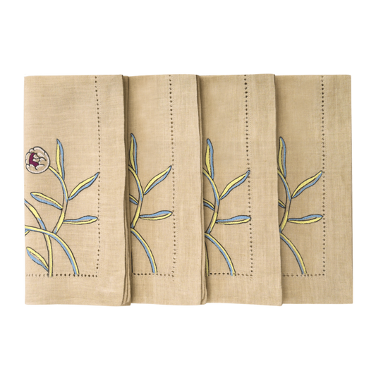 Hand Embroidered Floral Fresco Napkins 18" x 18" (Set of 4)