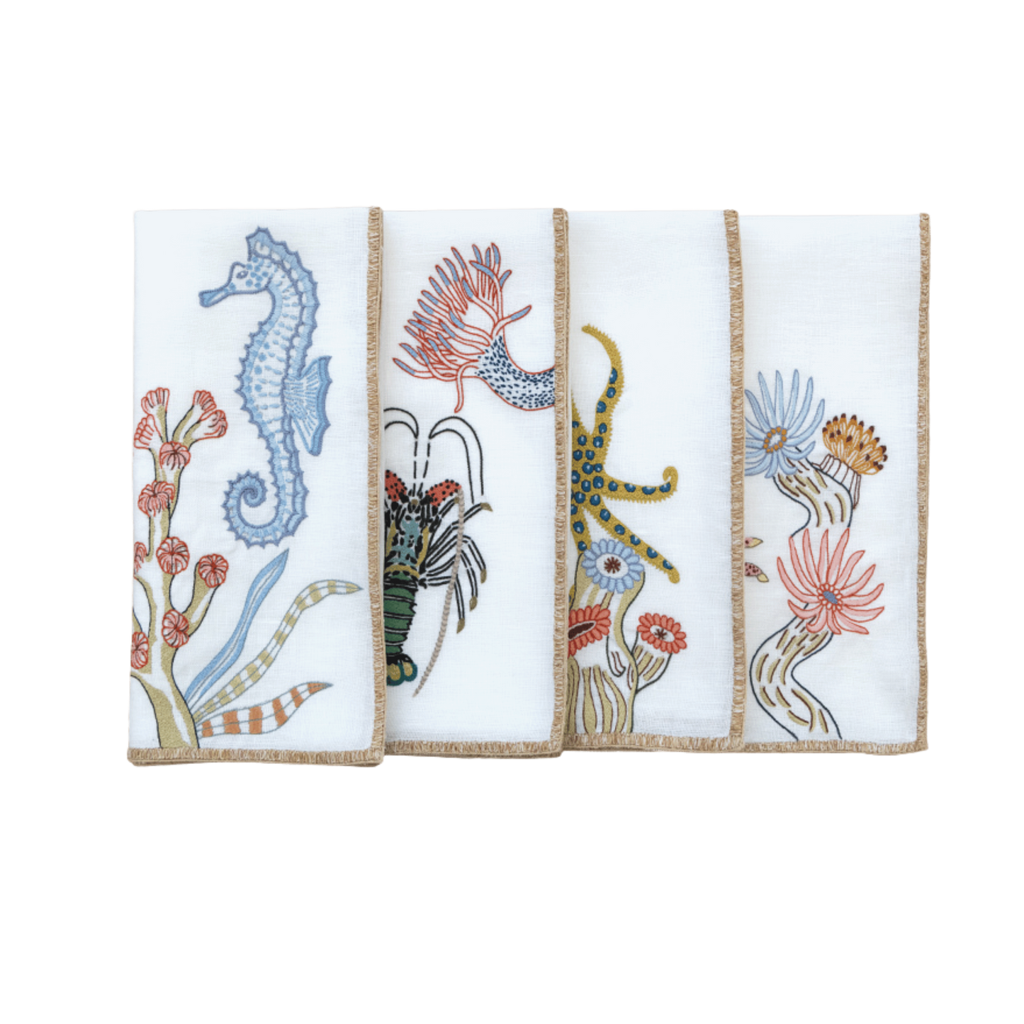 Hand Embroidered Marine Life Napkins 18" x 18" (Set of 4)