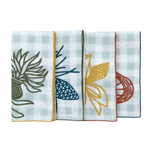 Hand Embroidered Pine and Picnic Napkins 18" x 18" (Set of 4)