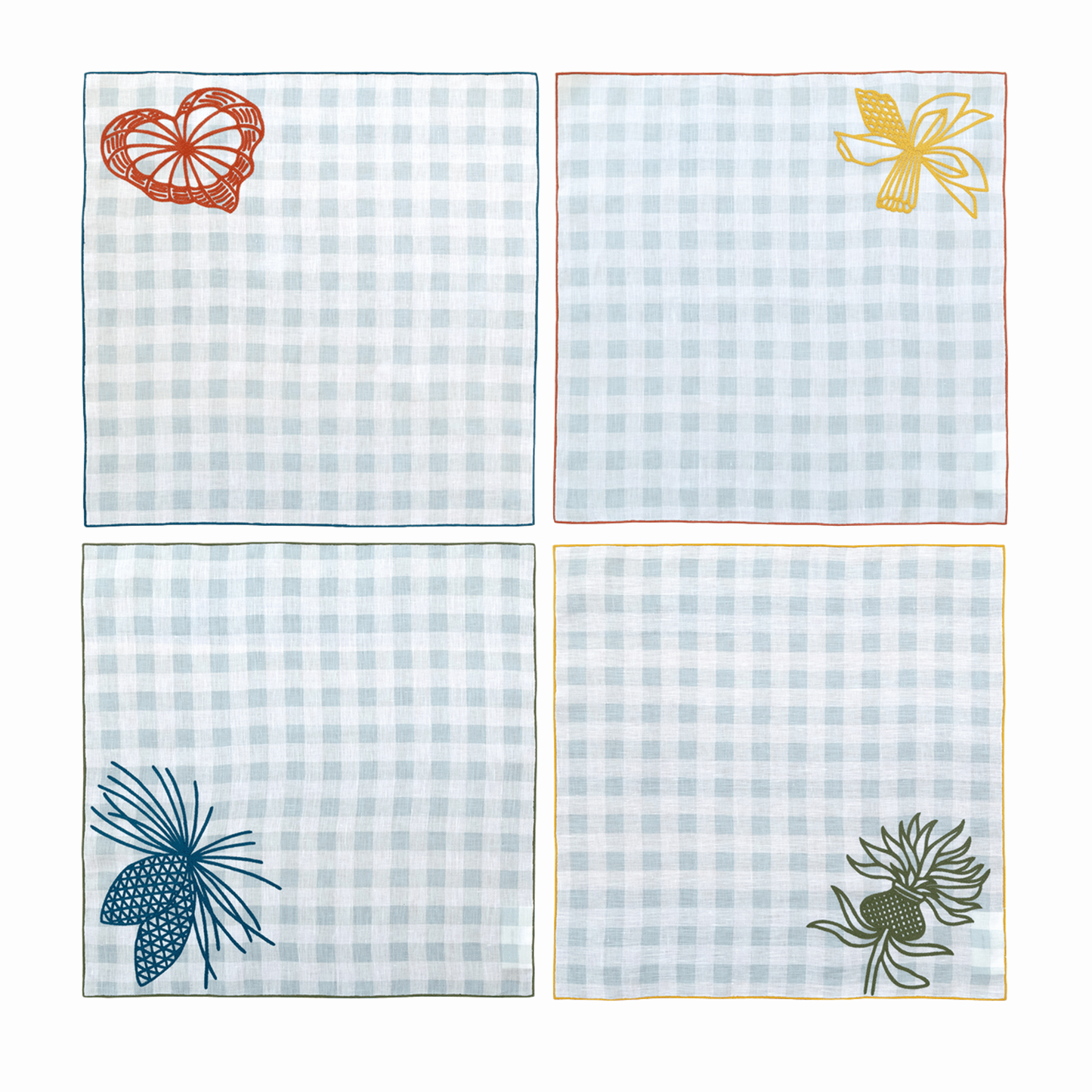 Hand Embroidered Pine and Picnic Napkins 18" x 18" (Set of 4)