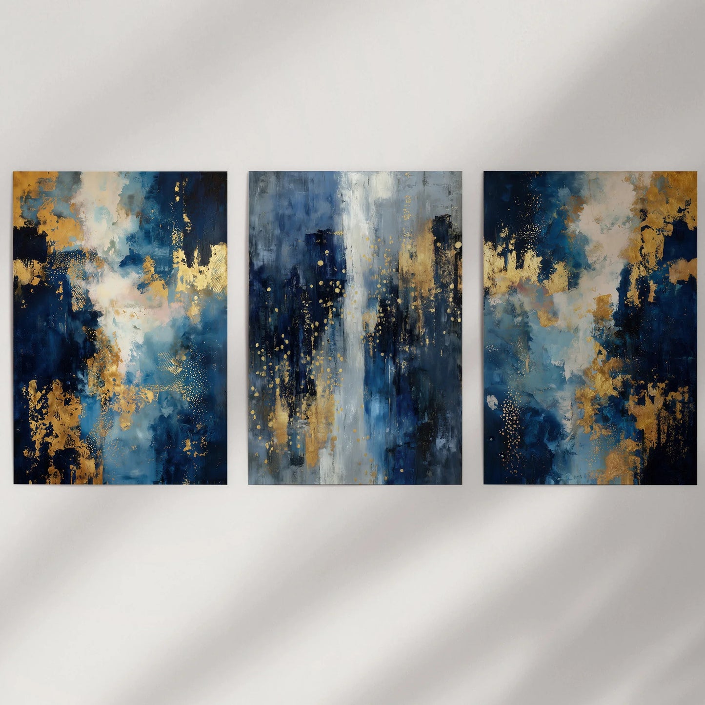 Elegant Navy and Gold Art Set of 3. Contemporary Abstract Prints