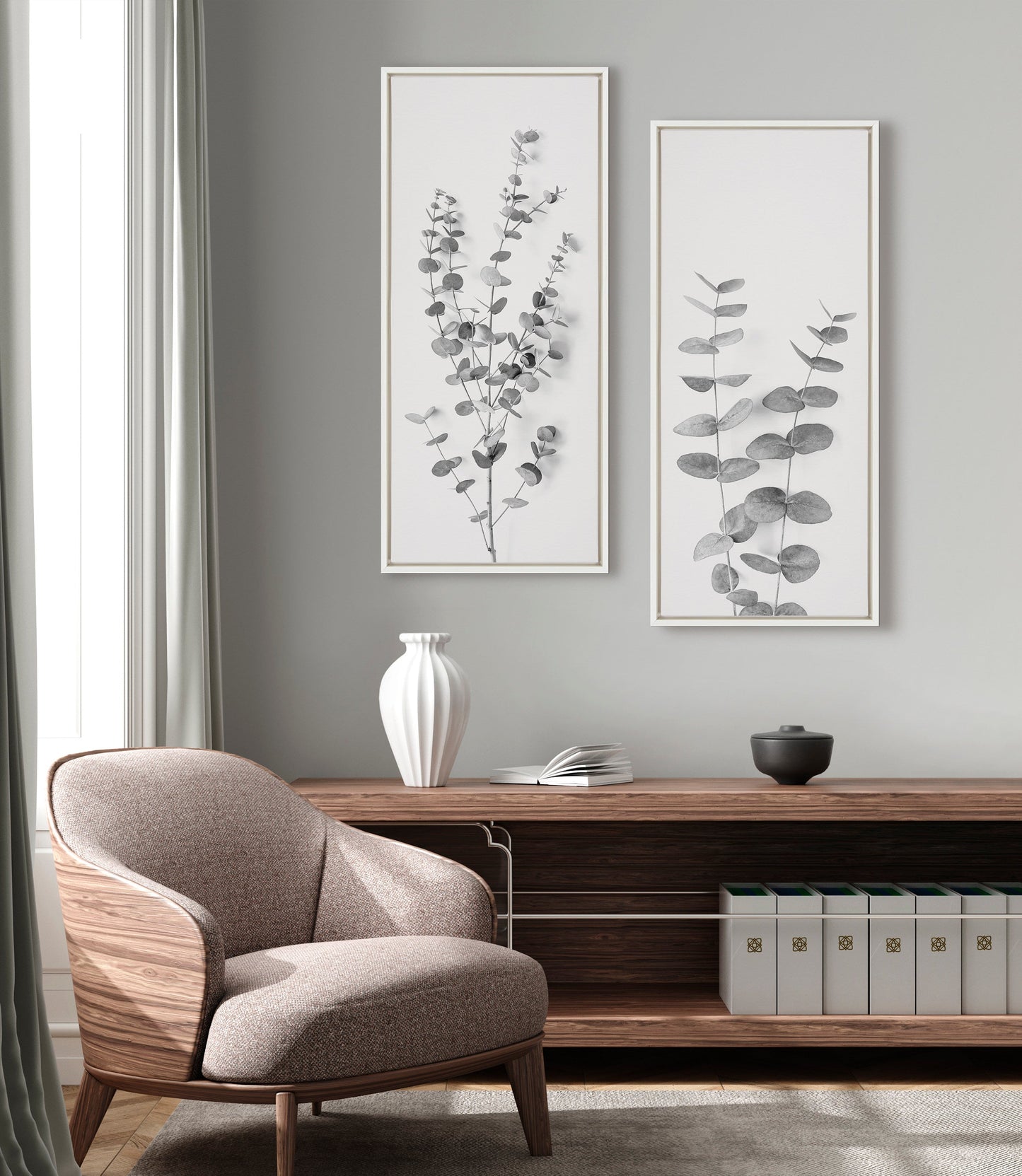 Sylvie Eucalyptus Botanical I Gray and Soft White Framed Canvas by The Creative Bunch Studio