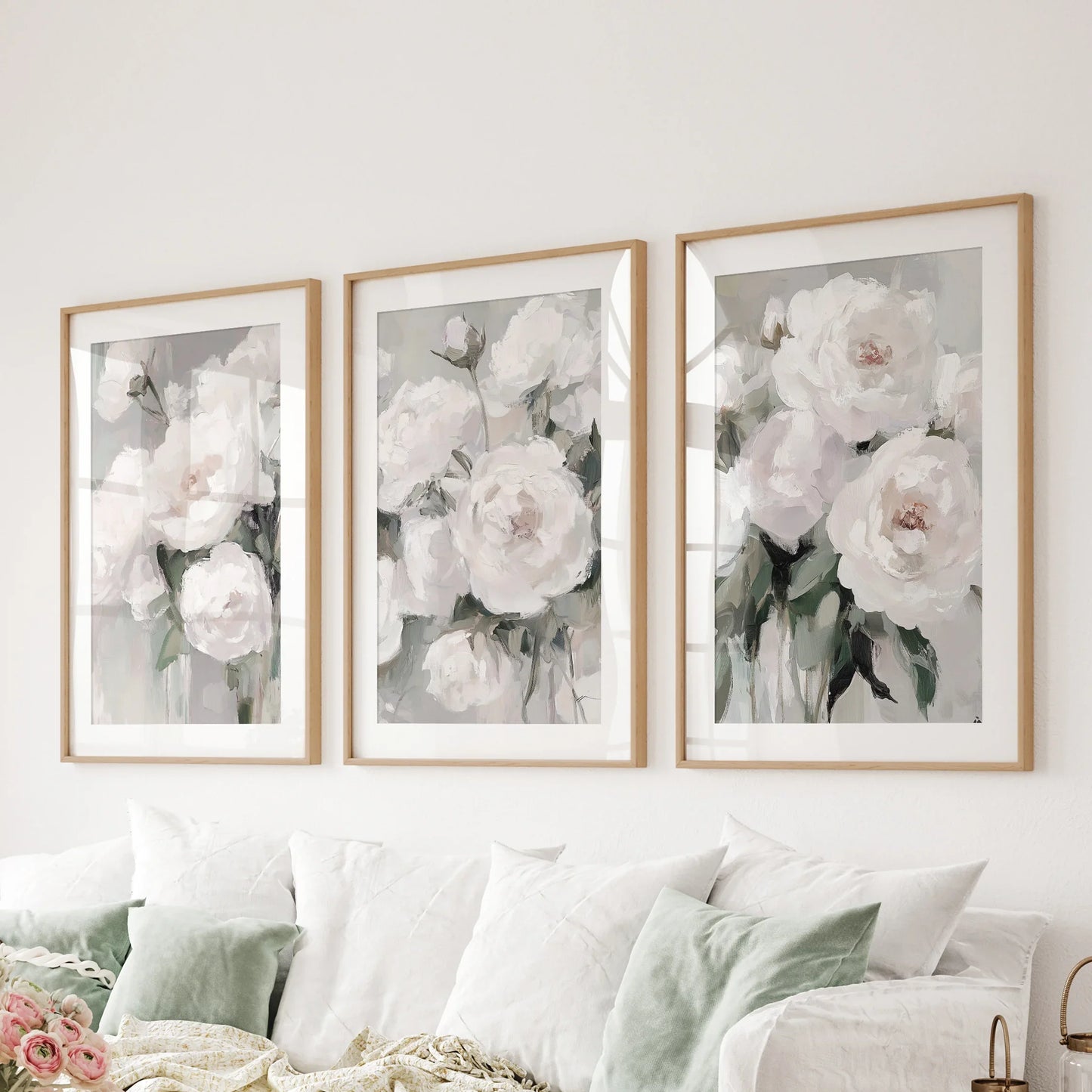 Romantic White Flower 3 Piece Wall Art. Peony Painting Print