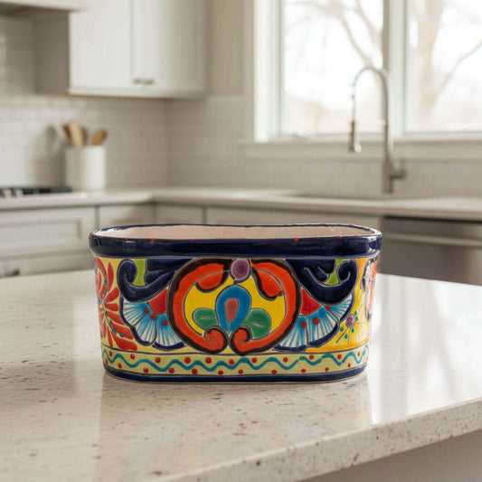 Oval Blue Rim Talavera Planter | Handmade Mexican Pot