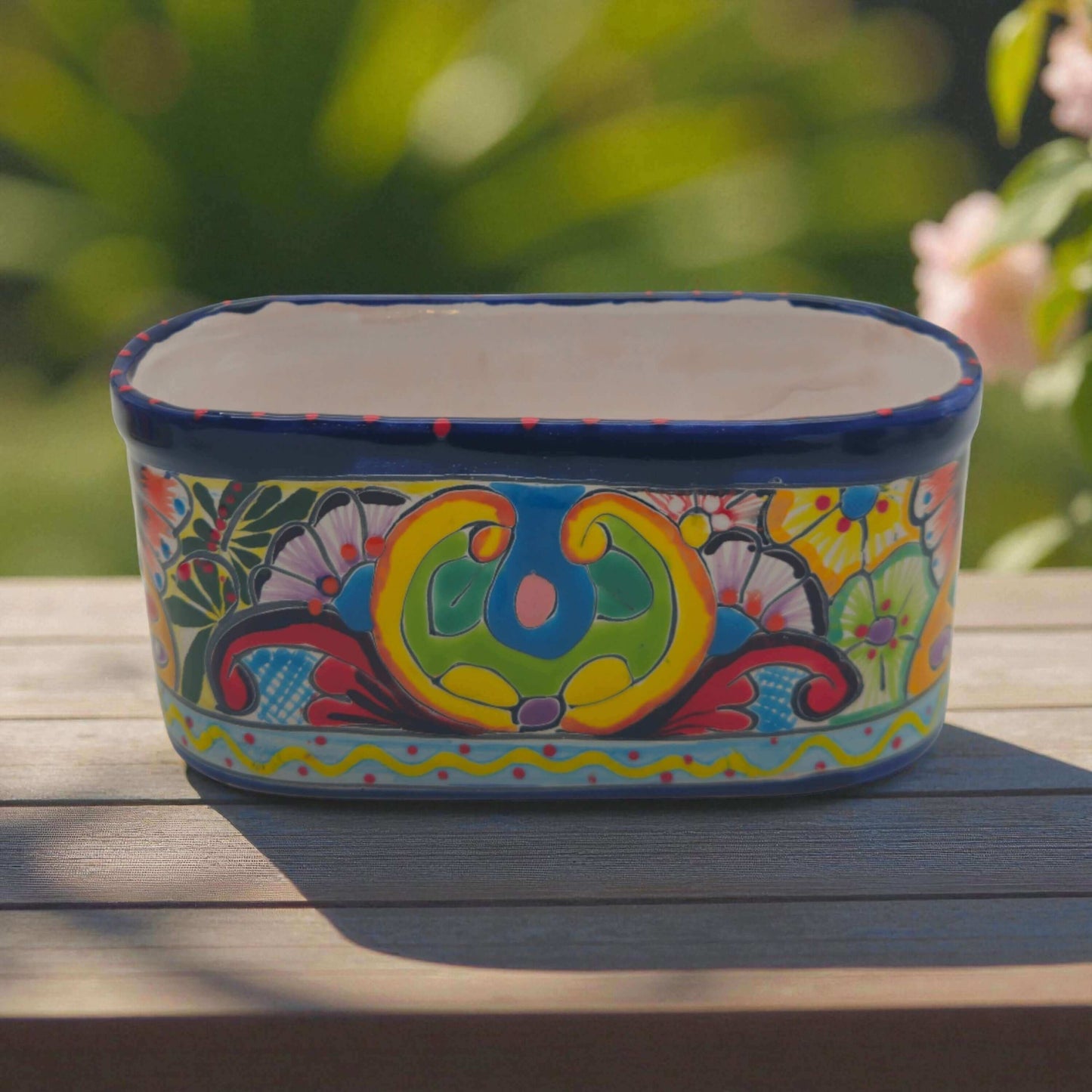 Oval Blue Rim Talavera Planter | Handmade Mexican Pot
