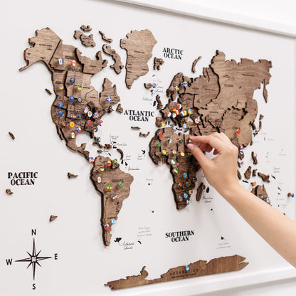 3D Wooden Panel World Map - Dark Walnut