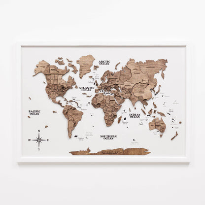 3D Wooden Panel World Map - Dark Walnut
