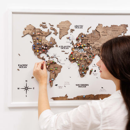 3D Wooden Panel World Map - Dark Walnut