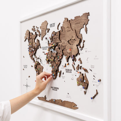 3D Wooden Panel World Map - Dark Walnut