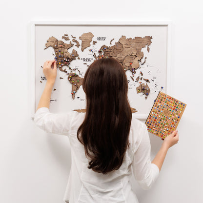 3D Wooden Panel World Map - Dark Walnut