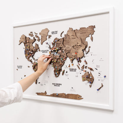 3D Wooden Panel World Map - Dark Walnut