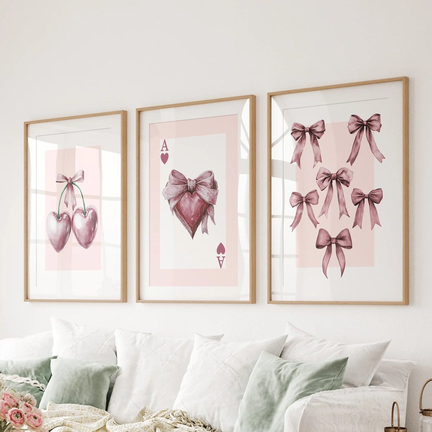Coquette Cherry Wall Art Set of 3. Pink Romantic Decor