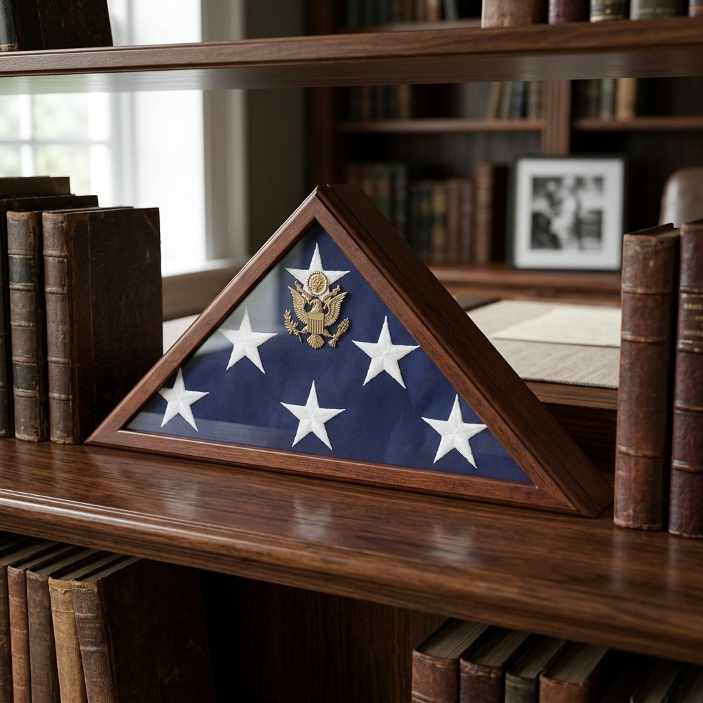 MEMORIAL FLAG CASE , MEMORIAL FLAG DISPLAY CASE AMERICAN WALNUT FLAG CASE PEDESTAL FOR 5 X 9.5 FLAG