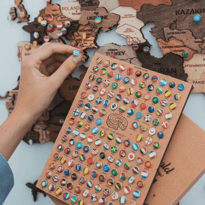 Wall Decor Bundle: 3D Wooden World Map with Flag Pins