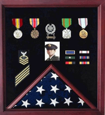 Flag Display Case Combination For Medals and Photos - Cherry