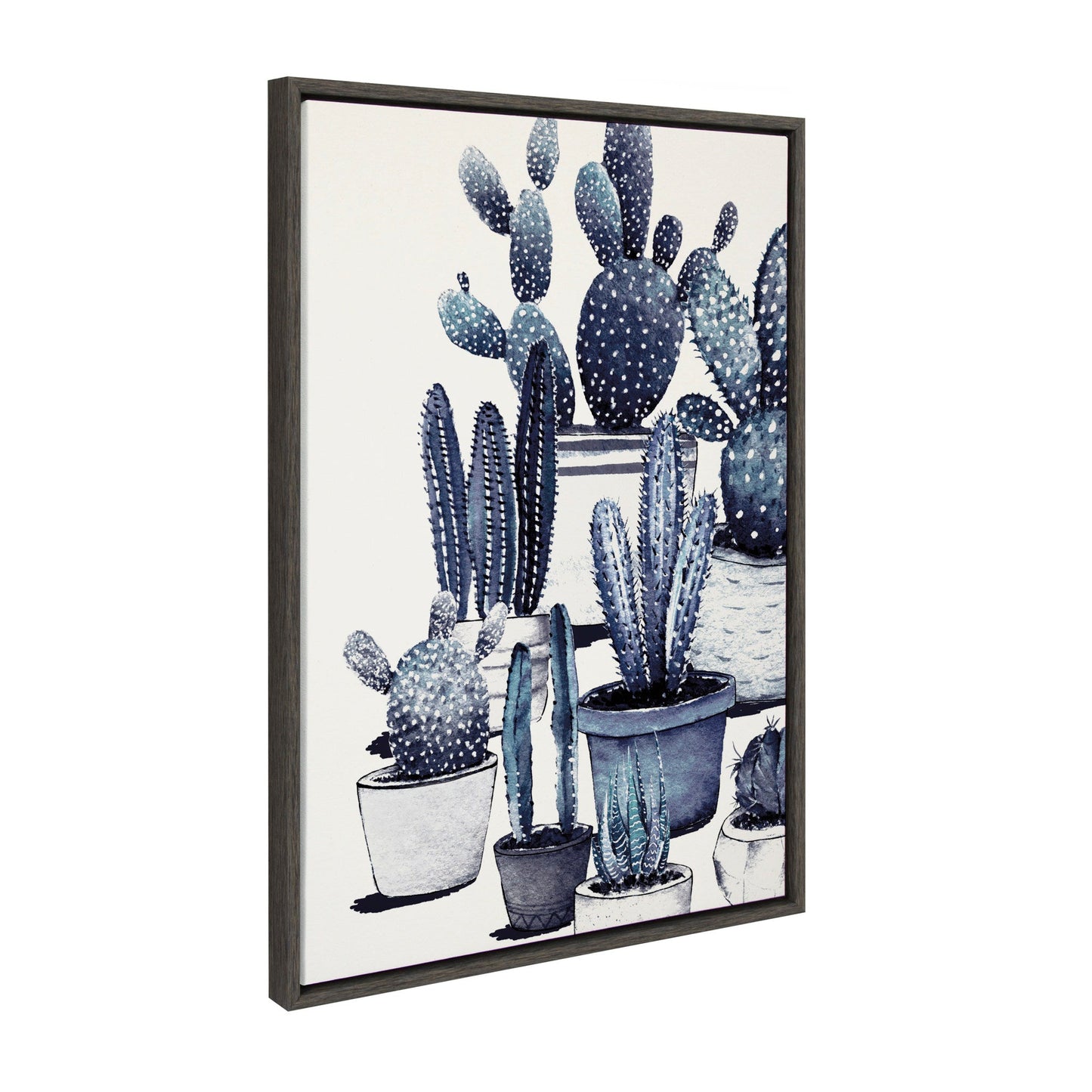 Sylvie Blue Potted Cacti Framed Canvas, Gray 23x33