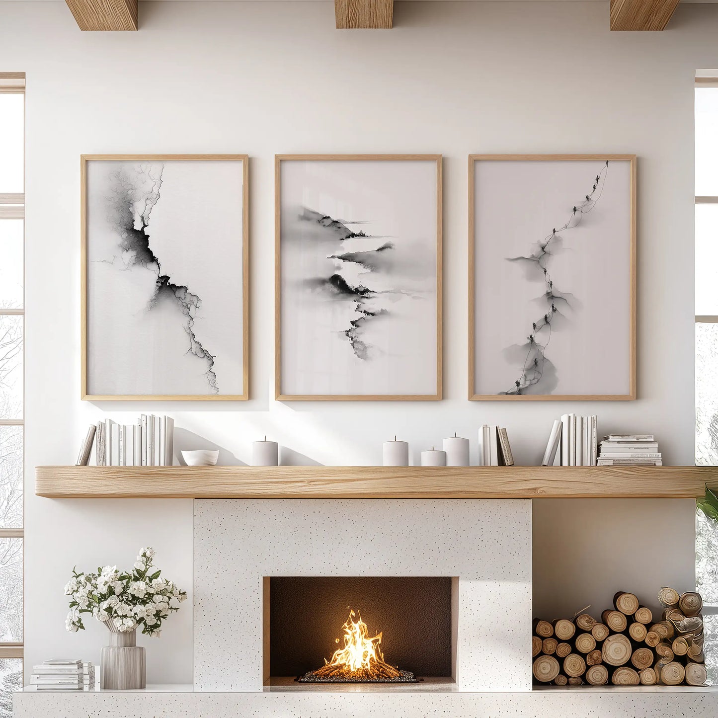 Abstract Mountain 3 Piece Wall Art. Black White Minimalist