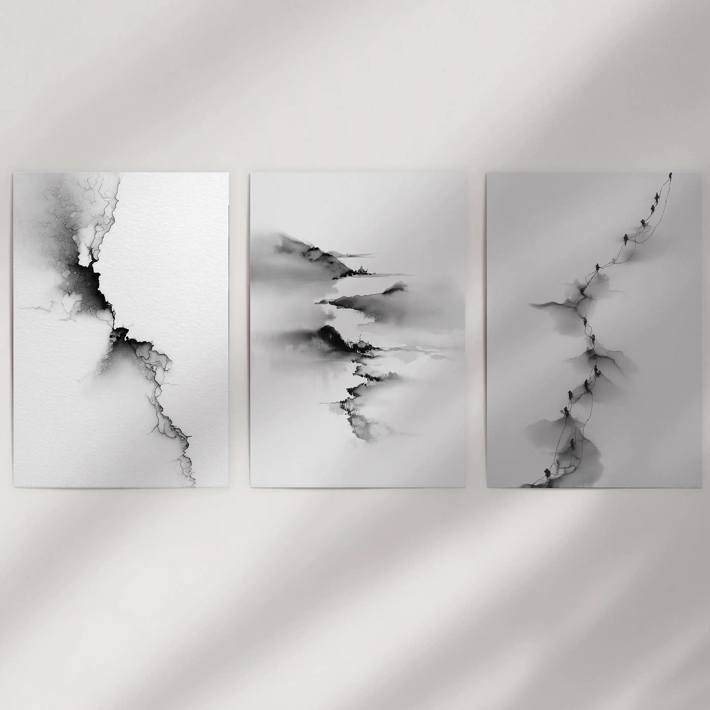 Abstract Mountain 3 Piece Wall Art. Black White Minimalist