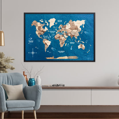3D Wooden Panel World Map - Smokey