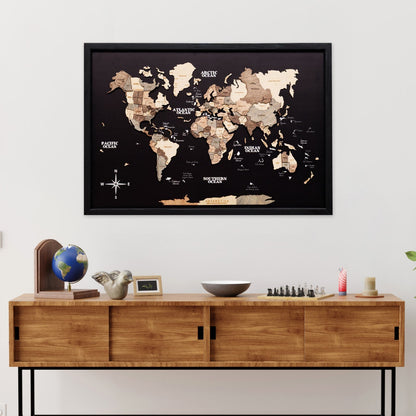 3D Wooden Panel World Map - Smokey