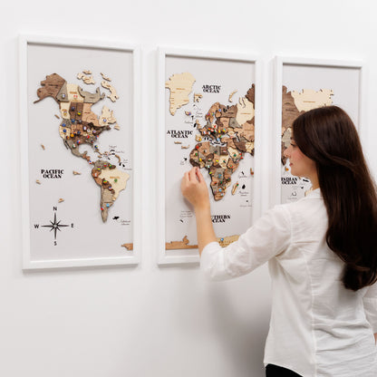 Triptych Wall Art - Wooden World Map (Smokey)