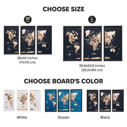 Triptych Wall Art - Wooden World Map (Smokey)
