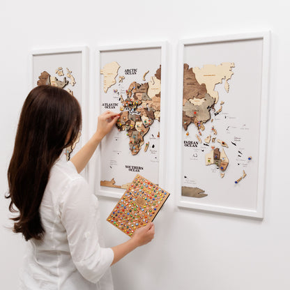 Triptych Wall Art - Wooden World Map (Smokey)