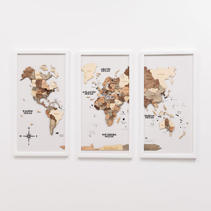 Triptych Wall Art - Wooden World Map (Smokey)
