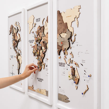 Triptych Wall Art - Wooden World Map (Smokey)