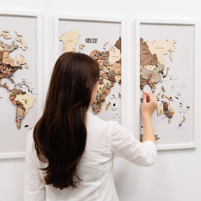 Triptych Wall Art - Wooden World Map (Smokey)