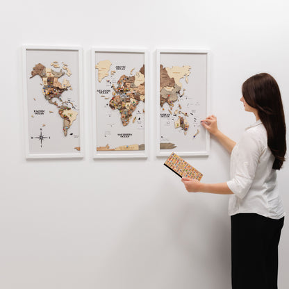 Triptych Wall Art - Wooden World Map (Smokey)
