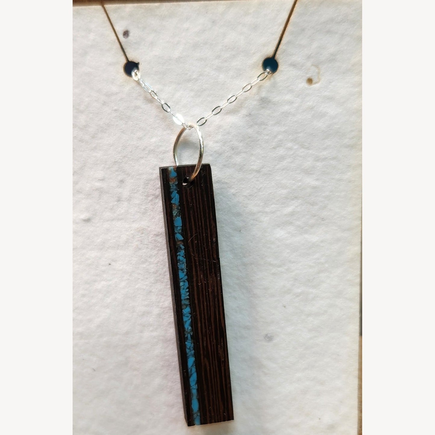 Wood & Sterling Silver Bar Necklace, Vertical Stone Inlay
