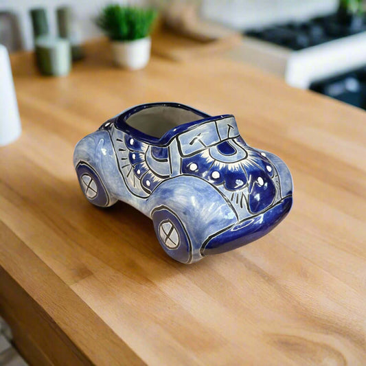 Small Talavera Car Planter | Blue & White Handmade Ceramic Pot