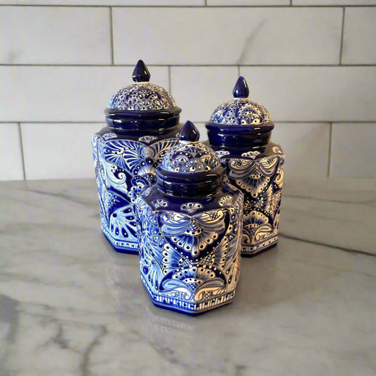 Talavera Blue & White Canister Set | Mexican Handmade Pottery
