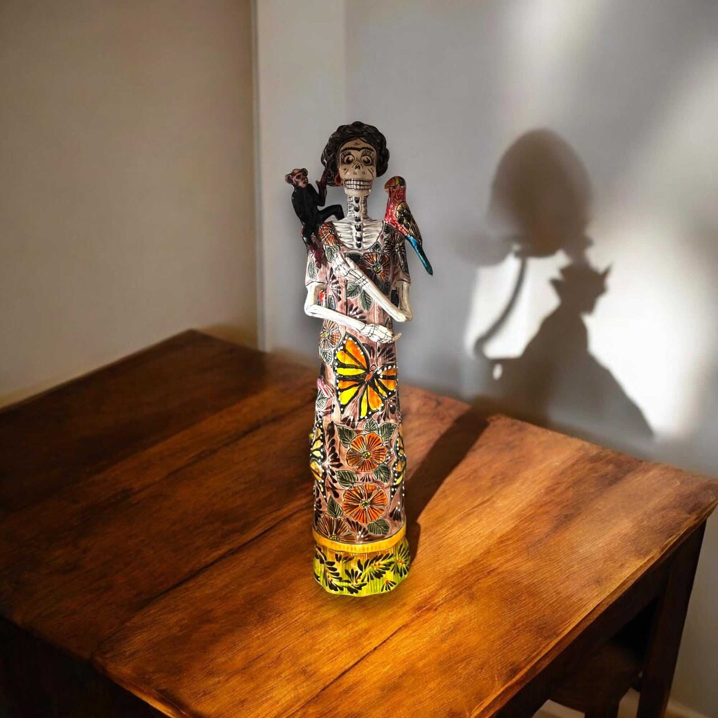 Talavera Catrina Figurine | Day of the Dead Skeleton with Monkey &