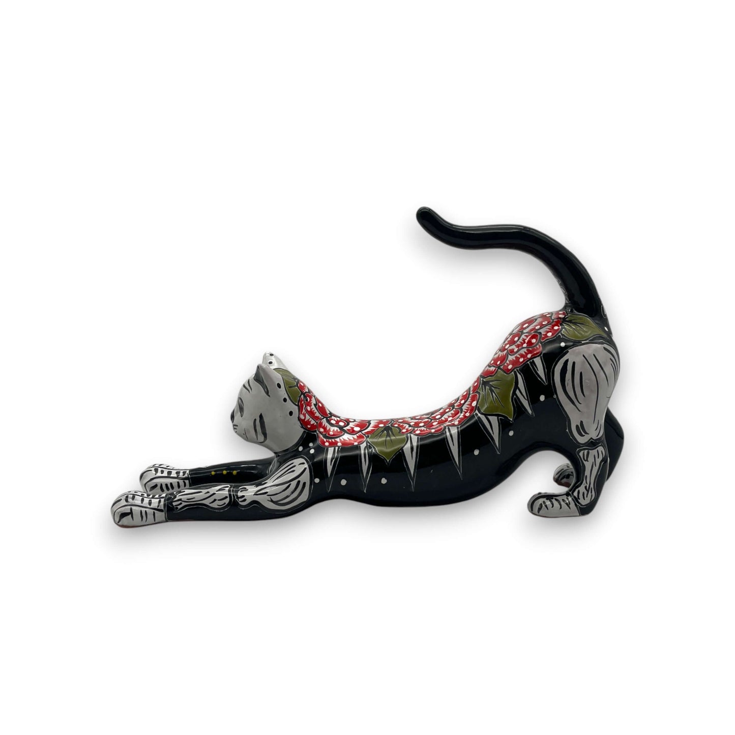 Talavera Stretching Cat Figurine | Hand-Painted Calavera Art