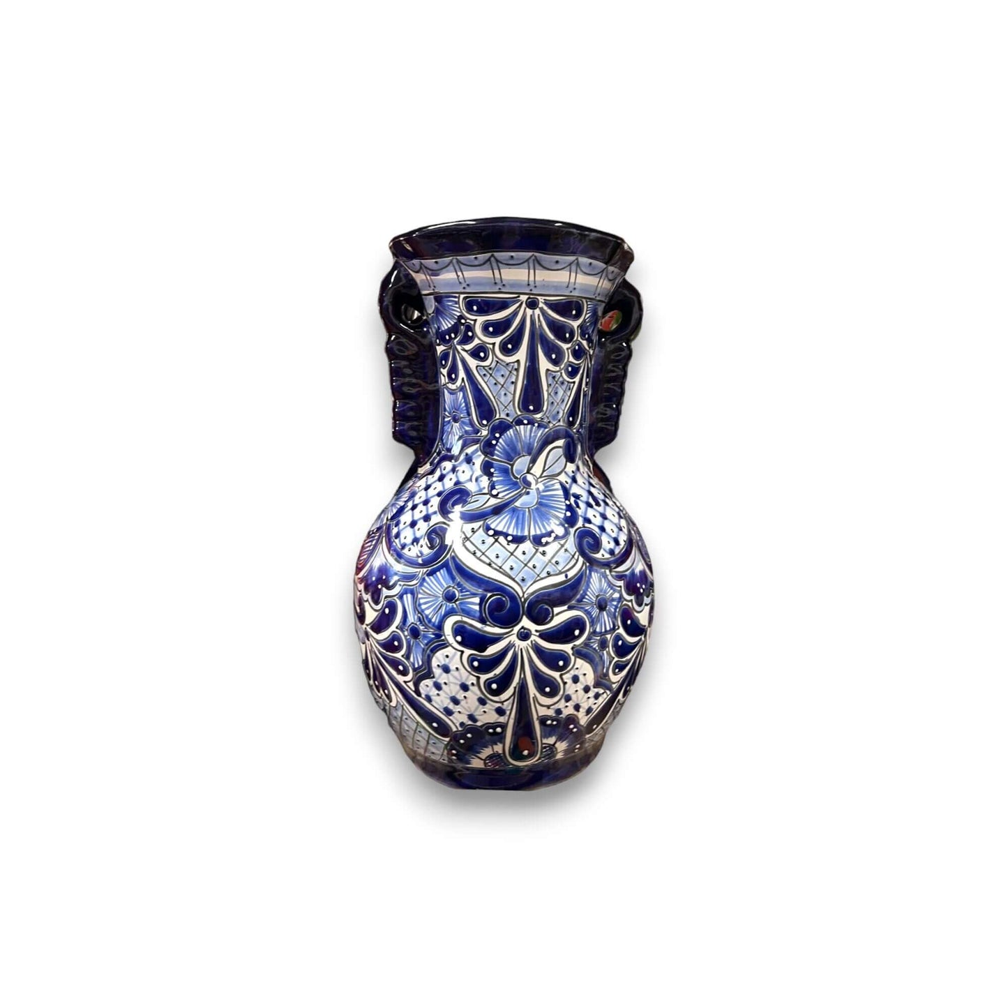 Tall Talavera Vase | Blue Rim Mexican Pottery