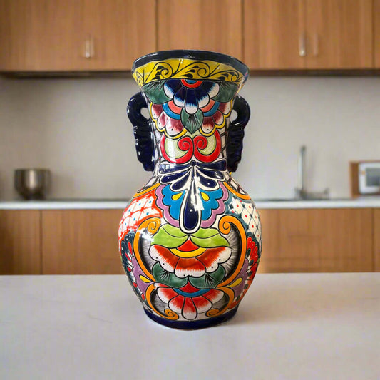 Tall Talavera Vase | Blue Rim Mexican Pottery
