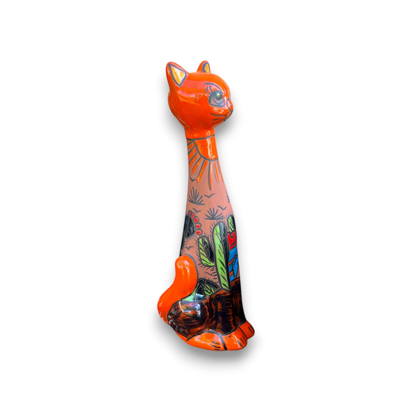 Tall Talavera Cat Statue | Mexican Terracotta Desert Design