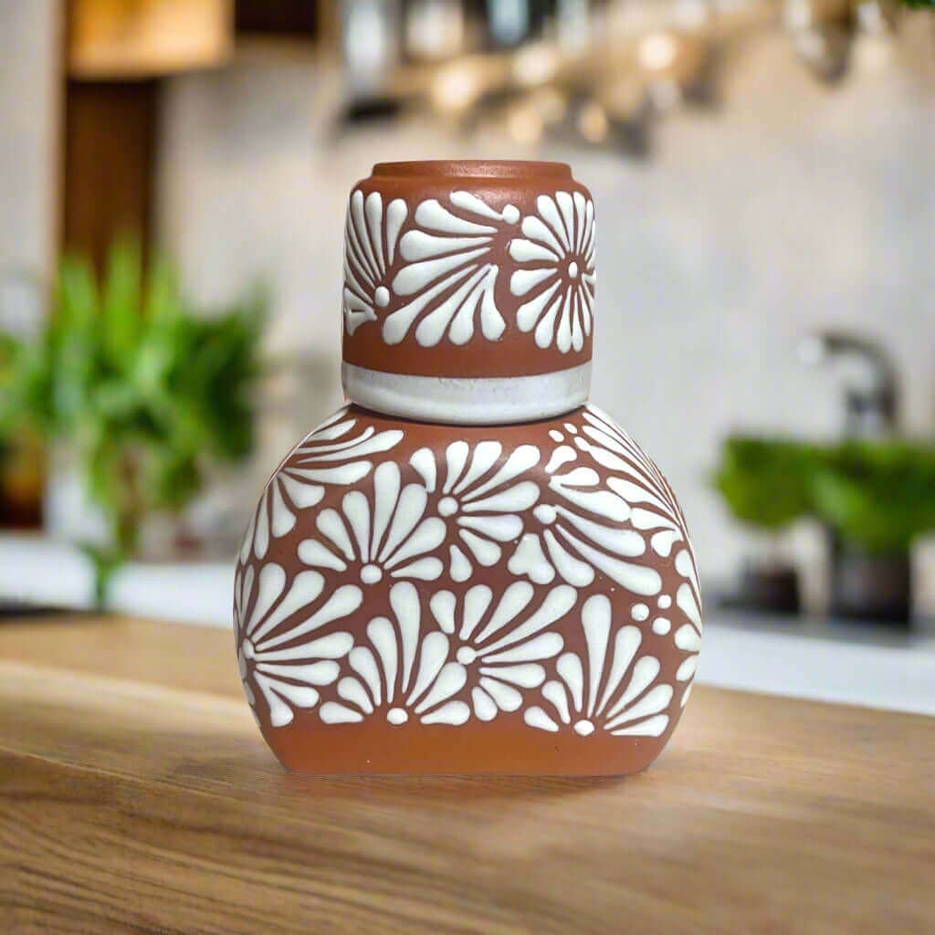 Terracotta Water Carafe Set | Talavera-Style Bedside Decanter
