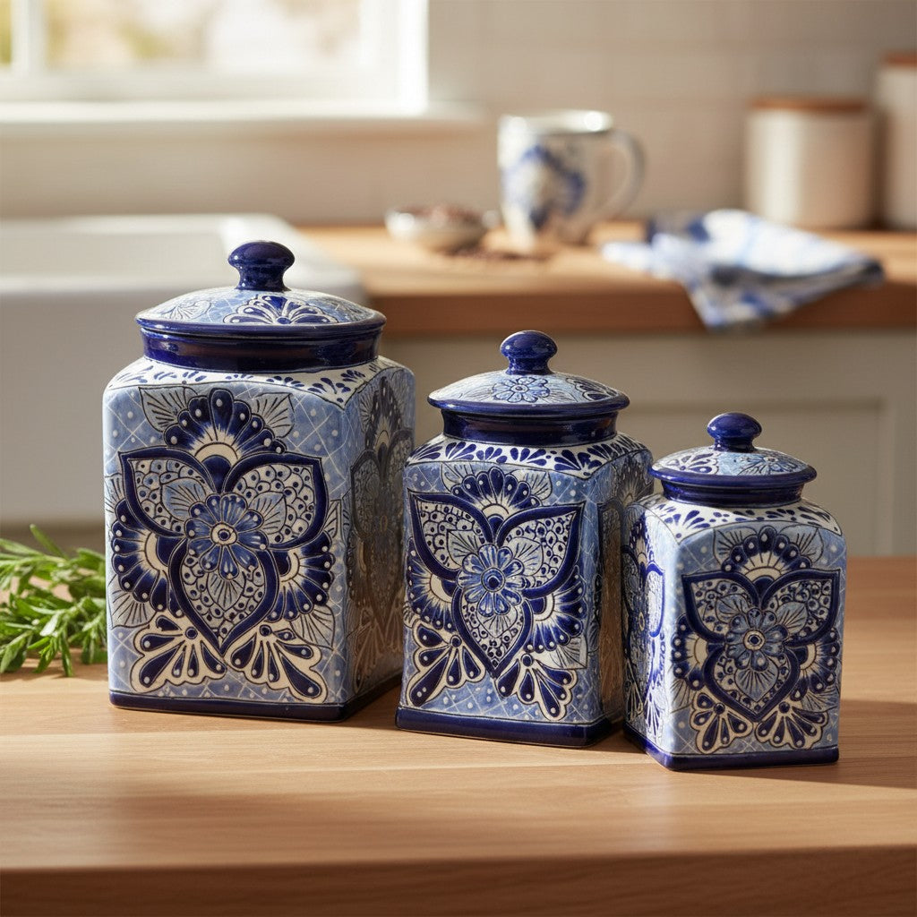Blue Talavera Canister Set | Handmade Mexican Ceramic Jars