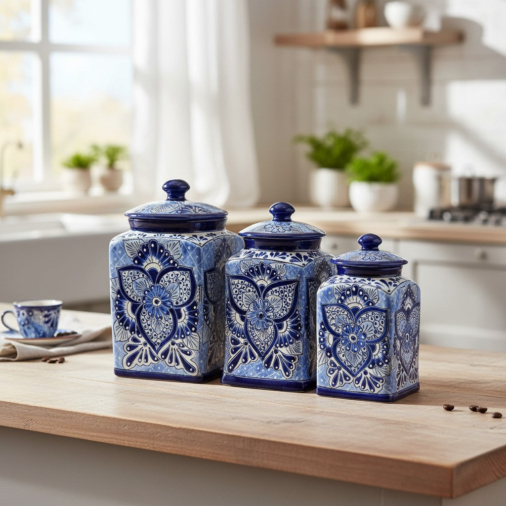 Blue Talavera Canister Set | Handmade Mexican Ceramic Jars