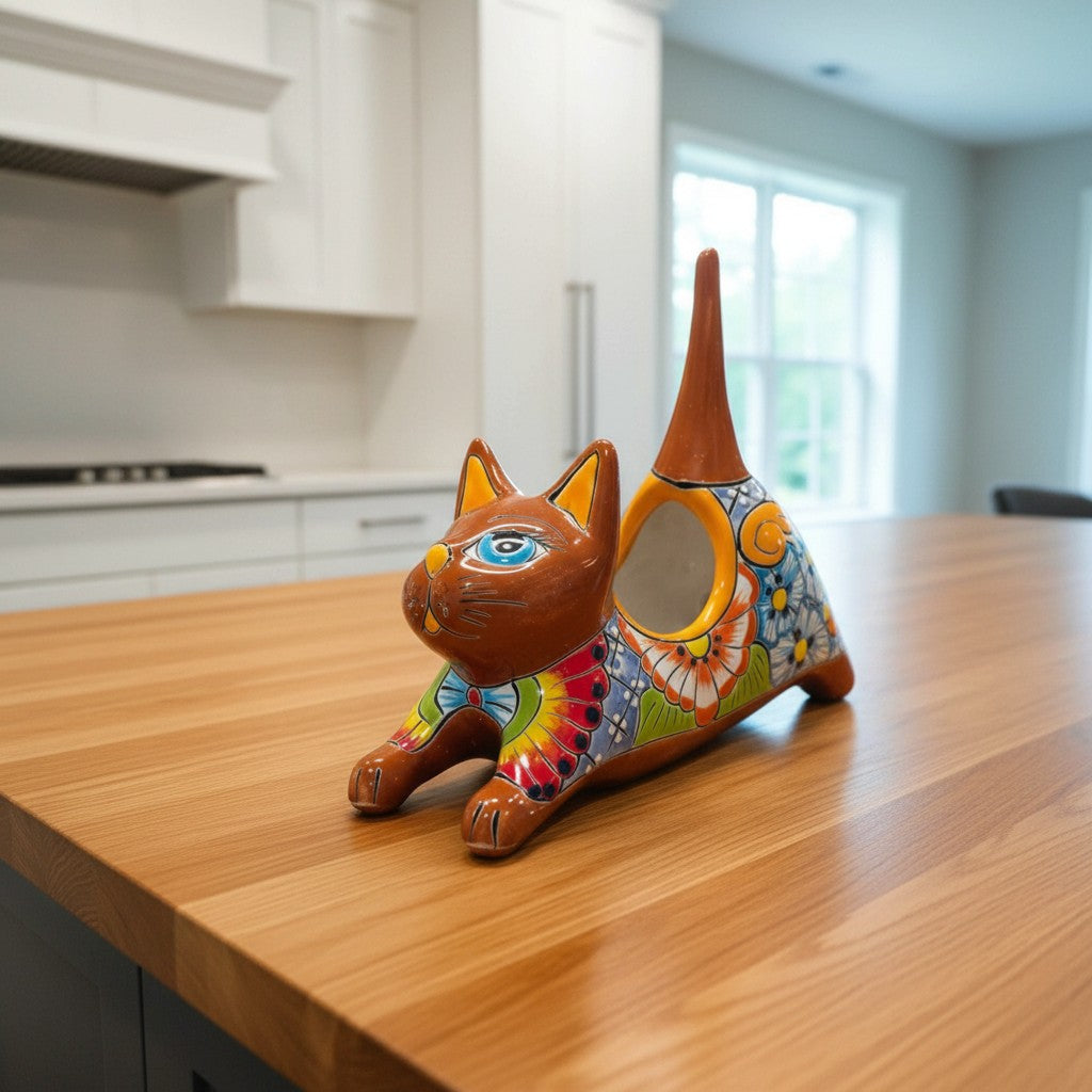 Talavera Cat Planter | Colorful Handmade Stretching Animal Pot