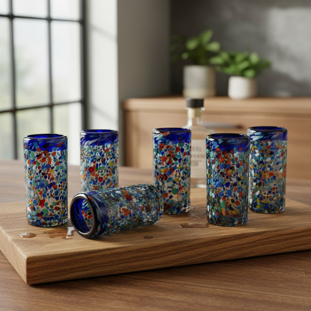 Confetti Double Shot Glass | Hand-Blown Mexican Blue Rim