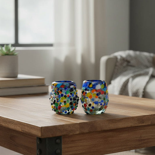 Hand-Blown Confetti Shot Glass | Blue Rim Mexican Glassware