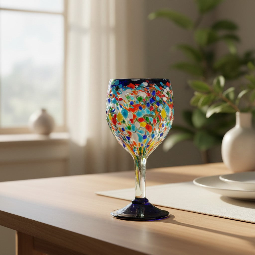 Hand-Blown Mexican Wine Glasses | Blue Rim Confetti Design