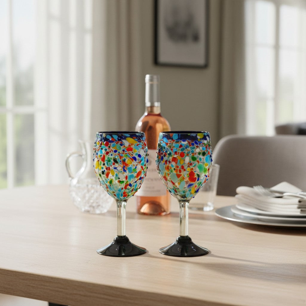 Hand-Blown Mexican Wine Glasses | Blue Rim Confetti Design